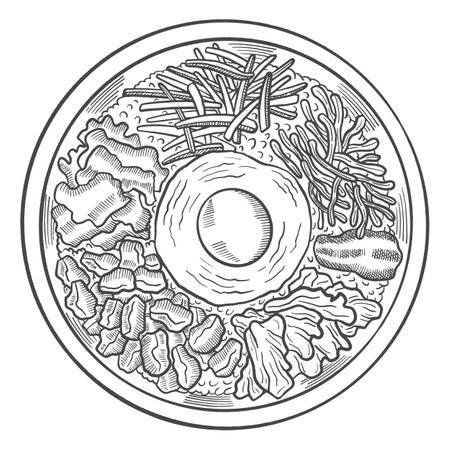 bibimbap korea or korean cuisine traditional food isolated doodle hand drawn sketch with outline style vector illustrationのイラスト素材