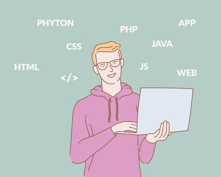 programmer holding laptop with some programming language text with outline or line and clean simple...