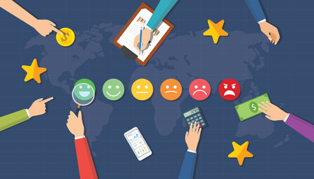 smile rating survey customer satisfaction concept analysis with hand people work together view from top vector illustrationのイラスト素材