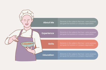 chef infographic with 4 point stages sequence with vertical layout and hold food dish with modern flat style vector illustrationのイラスト素材