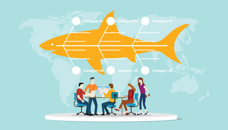 fishbone diagram analysis concept with team working discuss together at office desk with modern flat style vector illustrationのイラスト素材