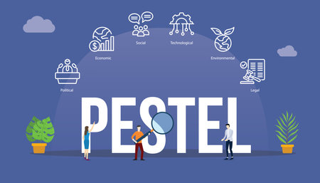 pestel analysis management tools concept with big word text and people with related icon vector illustrationのイラスト素材