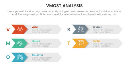 vmost analysis model framework infographic 5 point stage template with arrow box right direction information concept for slide presentation vectorのイラスト素材