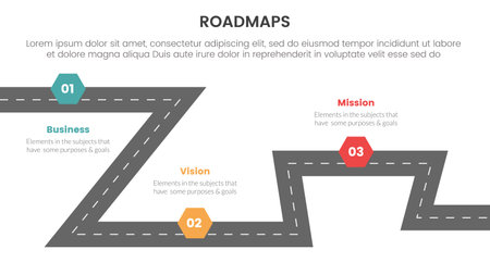 business roadmaps process framework infographic 3 stages with meandered roadway and light theme concept for slide presentation vectorのイラスト素材