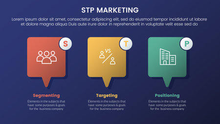 stp marketing strategy model for segmentation customer infographic 3 stages with callout box concept and dark style gradient theme concept for slide presentation vectorのイラスト素材