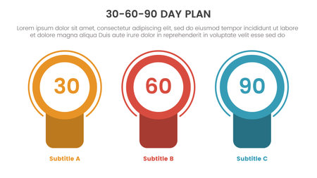 30-60-90 day plan management infographic 3 point stage template with badge circle banner shape concept for slide presentation vector illustrationのイラスト素材
