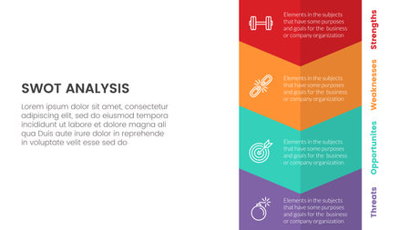 swot analysis concept with vertical shape and arrow down for infographic template banner with four point list information vector illustrationのイラスト素材