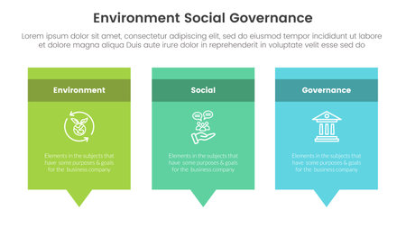 esg environmental social and governance infographic 3 point stage template with rectangle box and callout comment dialog concept for slide presentation vectorのイラスト素材