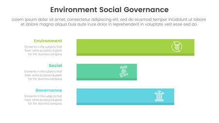 esg environmental social and governance infographic 3 point stage template with horizontal long data box concept for slide presentation vectorのイラスト素材