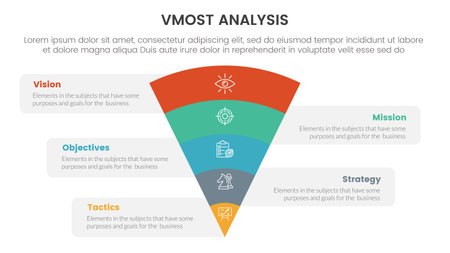 vmost analysis model framework infographic 5 point stage template with funnel bending on center concept for slide presentation vectorのイラスト素材