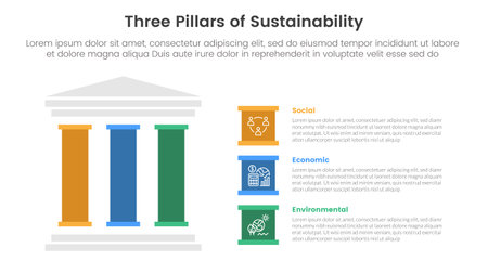 three pillars sustainability framework with ancient classic construction infographic 3 point stage template with left column and creative box description for slide presentation vectorのイラスト素材