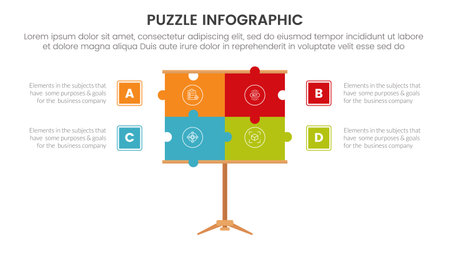 puzzle jigsaw infographic 4 point stage template with presentation board puzzle on center with description for slide presentation vectorのイラスト素材