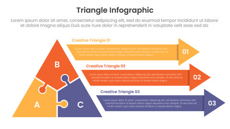 triangle base shape infographic template banner with puzzle jigsaw shape and long arrow shape with 3...