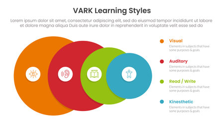 VARK learning styles infographic 4 point stage template with big circle from big to small for slide presentation vectorのイラスト素材