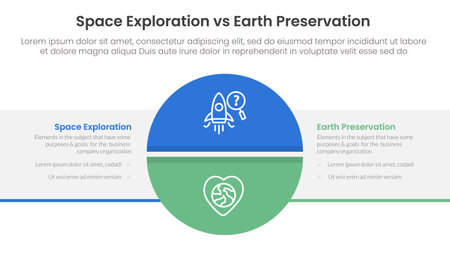 space exploration vs earth preservation comparison concept for infographic template banner with big circle divided and box rectangle with two point list information vectorのイラスト素材