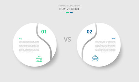 buy vs rent comparison for infographic with big circle with swirl edge slice drop shadow style with two point list information vectorのイラスト素材