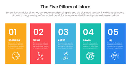five pillars of islam infographic template banner with height rectangle shape balance with 5 point list information for slide presentation vectorのイラスト素材