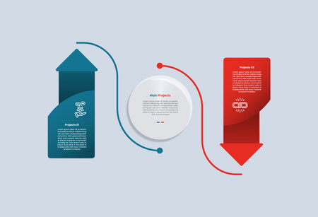 2 points comparison for infographic with glossy gradient style with folding arrow ribbon opposite direction with dot line smooth circular two point list information vectorのイラスト素材
