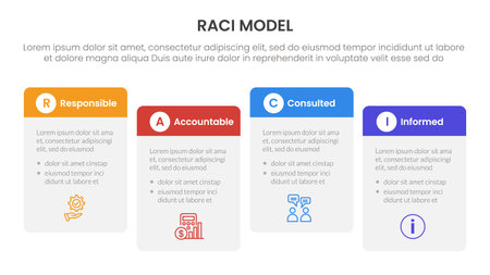 RACI model infographic 4 point stage template with round box table right direction ups and down for slide presentation vectorのイラスト素材
