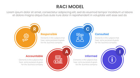 RACI model infographic 4 point stage template with circle outline and badge up and down for slide presentation vectorのイラスト素材