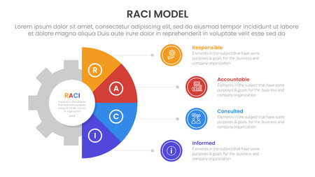 RACI model infographic 4 point stage template with gear shape on half circle vertical for slide presentation vectorのイラスト素材