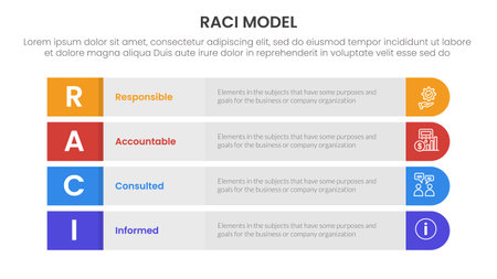 RACI model infographic 4 point stage template with long round rectangle box vertical structure for slide presentation vectorのイラスト素材