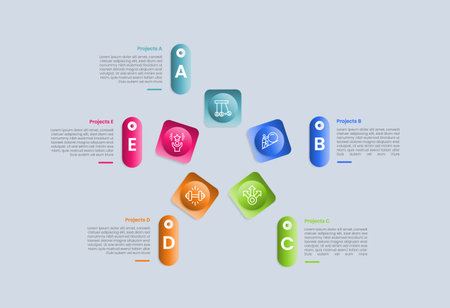 Cycle and circular base infographic with glossy gradient style with round square with circle inside on infinite loop center with five segment information vectorのイラスト素材