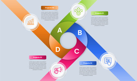 Cycle and circular base infographic with glossy gradient style with big circle center with long line ribbon extension with four segment information vectorのイラスト素材