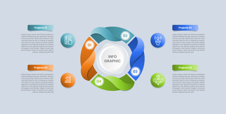 Cycle and circular base infographic with glossy gradient style with piechart concept with swirl smooth curve on quadrant structure with four segment information vectorのイラスト素材
