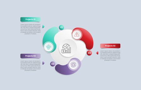 Cycle and circular base infographic with glossy gradient style with big circle center with smooth line tail with three segment information vectorのイラスト素材