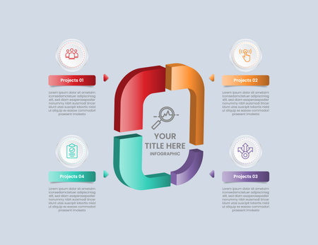 Cycle and circular base infographic with glossy gradient style with 3d shape flipping move with quadrant structure with four segment information vectorのイラスト素材