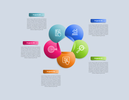 Cycle and circular base infographic with glossy gradient style with circle on pentagon shape on center with five segment information vectorのイラスト素材