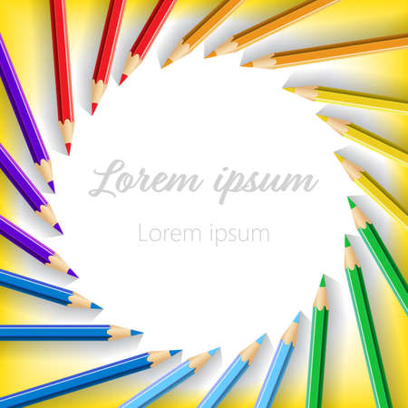 Yellow background with circle of colored rainbow pencilsのイラスト素材