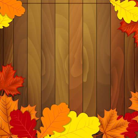 autumn leaves on a wooden background oak mapleのイラスト素材