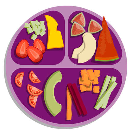 Baby led weaning, BLW plate with avocado watermelon carrot cucumber cherry tomato beet strawberry mango apple figのイラスト素材