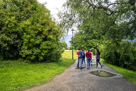 Group of young people are walking in the park, Stockholm, Sweden