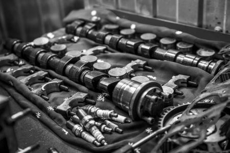 Part of car engine close up, black and white image.の写真素材