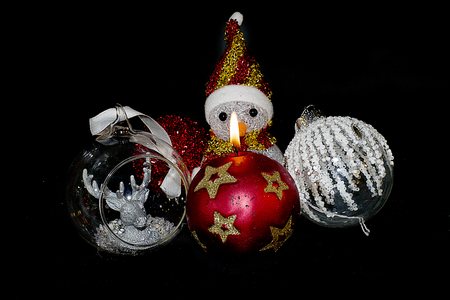 colorful christmas decorations with the candleの写真素材