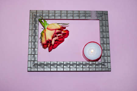 very nice colorful flower in the frame and flaming candle