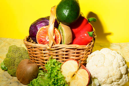 vegetables and fruits very fresh food in the shopping basketの写真素材