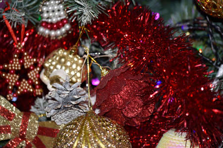 Christmas decoration on the free tree close up very nice glittering ornaments