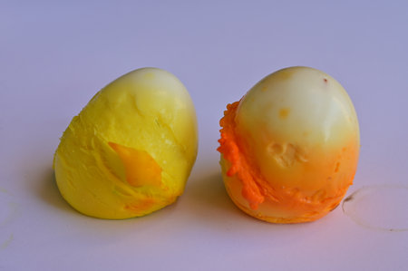 Easter eggs on a white background. Close-up of two eggs.の写真素材