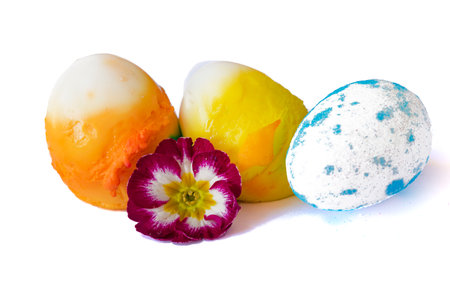 Easter eggs and spring flowers on a white background. Isolatedの写真素材
