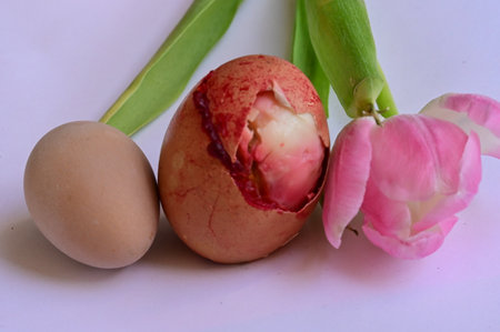 Easter eggs and tulips on a white background. Close-up.の写真素材