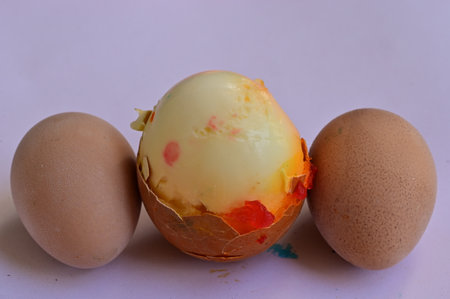 Eggs in a broken eggshell on a white background.の写真素材