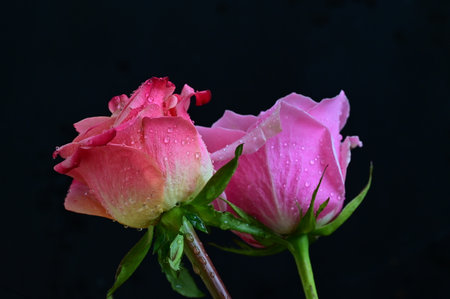 beautiful pink rose with water drops on a black background close upの写真素材