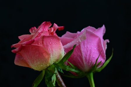 beautiful pink rose with drops of water on a black background close upの写真素材