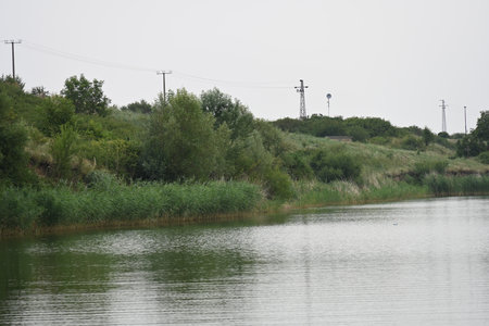 landscape with the river and high voltage post on the background of green treesの写真素材