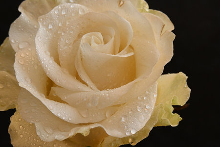 Beautiful white rose with water drops on black background, closeupの写真素材