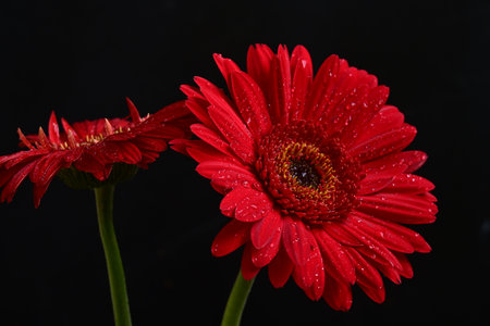 Red gerbera flowers isolated on black background with drops of waterの写真素材